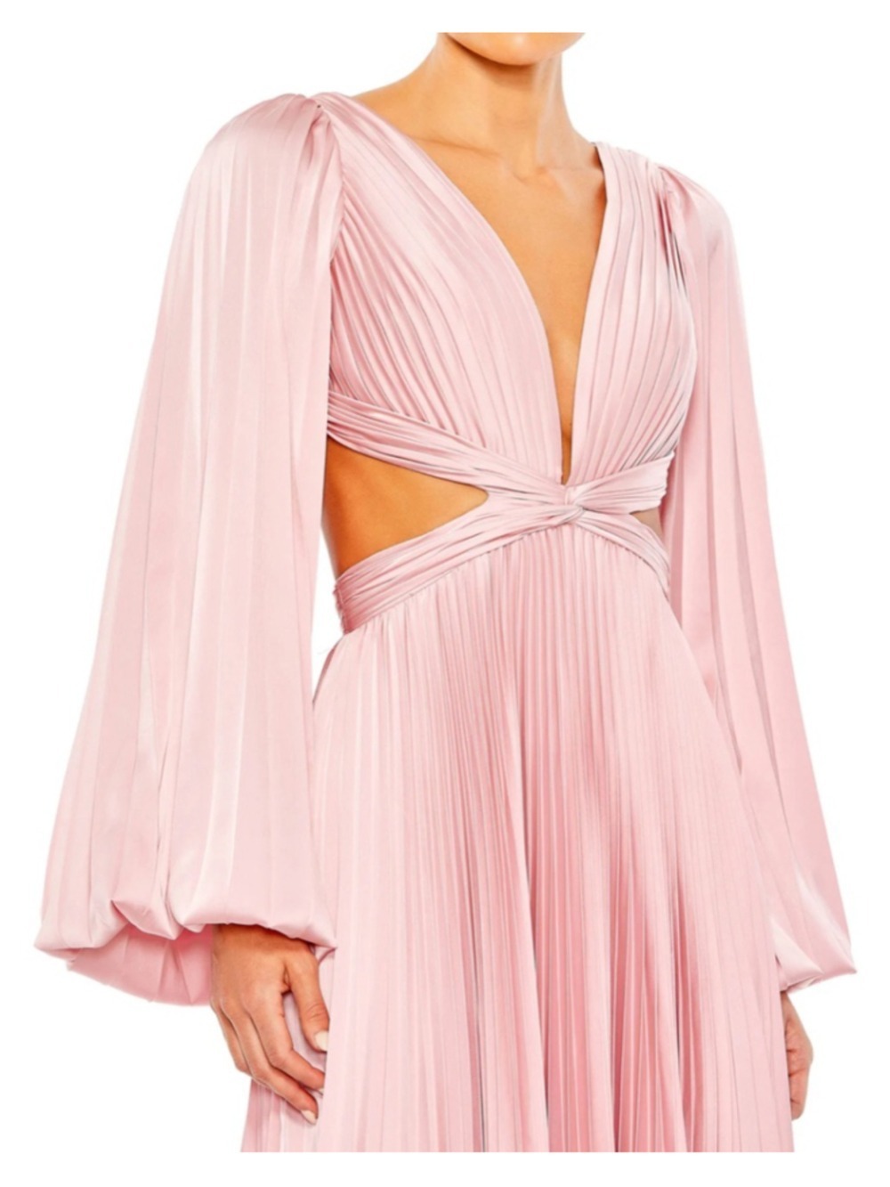 Women's Mac Duggal Pink Pleated Cutout Long Sleeve Maxi Dress Size 4 - Picture 3 of 8